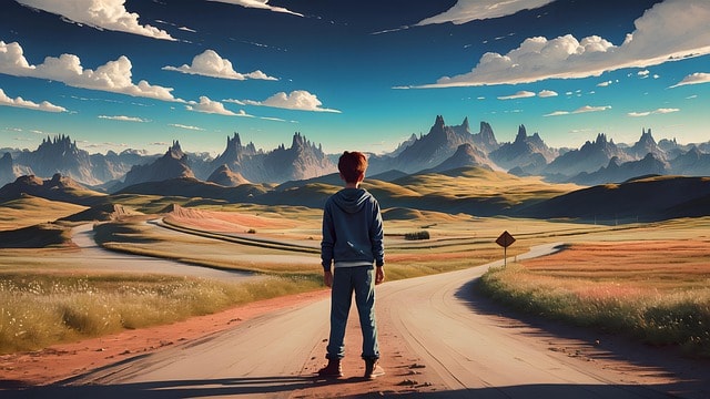 ai generated, boy, travel, child, teenager, teen, standing, back, nature, desert, mountains, clouds, road, landscape, sky, countryside, sign, choosing, decision, choice, opportunity, crossroads, direction, junction