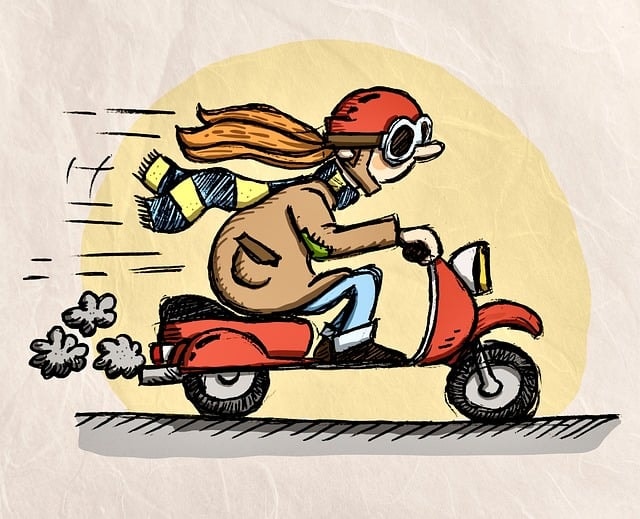moped, scooter, motorcycle, traffic, city, road, person, driving, riding, speed, cartoon